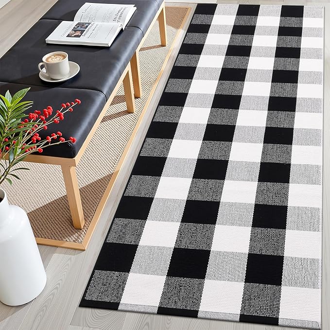 OLANLY Buffalo Plaid Rug 2' x 6' – Black and White Cotton Checkered Doormat by OLANLY