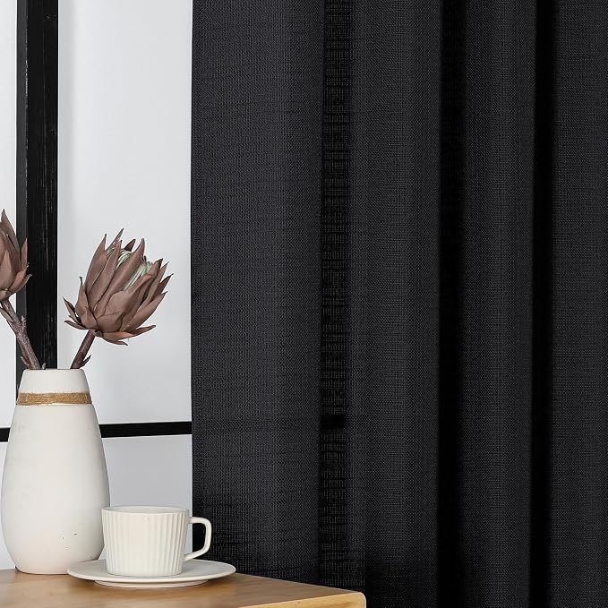 Chyhomenyc Black Curtains 45 Inch Length 2 Panels, Faux Linen Textured Semi - Image 7