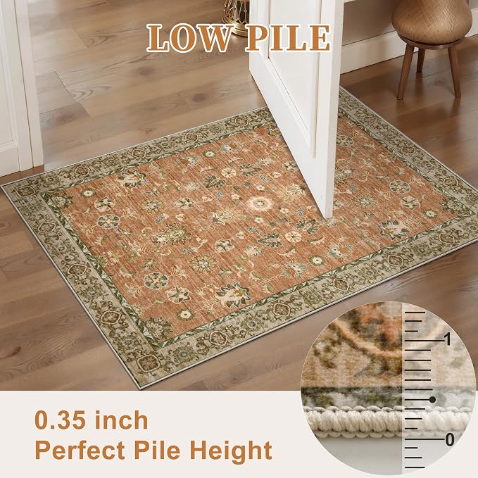 Tangsoo Washable Runner Rug for Hallway Non Slip, 2x5 Terracotta Floral Vintage - Image 3