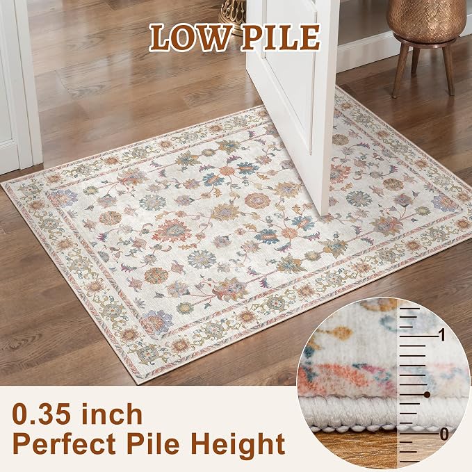 Tangsoo 2x4 Washable Rug for Entryway, Vintage Floral Entry Rug Non Slip - Image 4