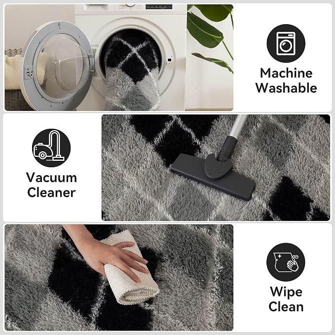 Meralax Black and Grey Checkered Area Rug, Geometric 4x6 Soft Fluffy Rugs - Image 6