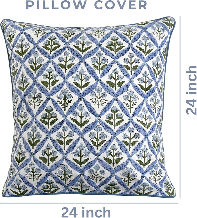 Ridhi Block Print Light Steel Blue Pillow Cover 24" x 24" Decorative Couch - Image 3