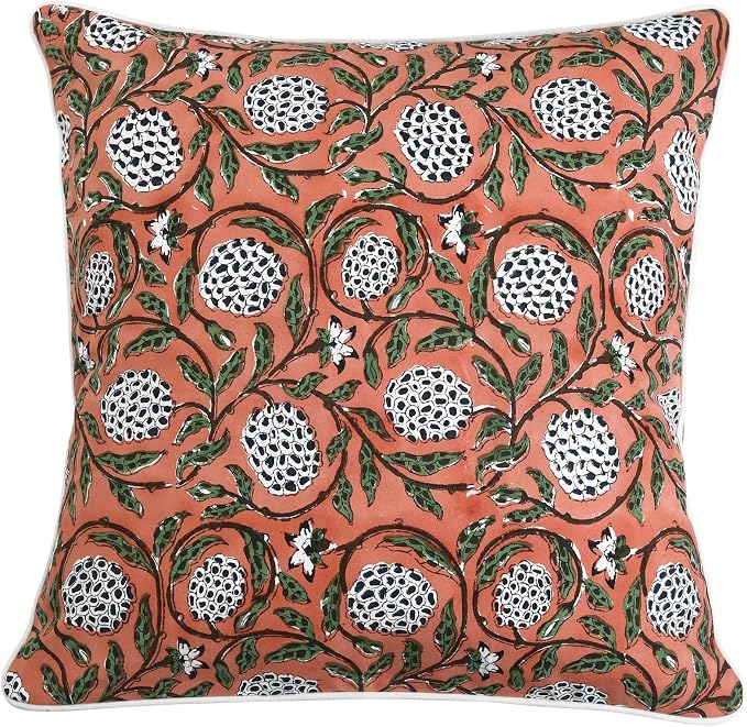 Ridhi Block Print Dark Salmon Pink Pillow Cover 20" x 20" Decorative Couch - Image 9