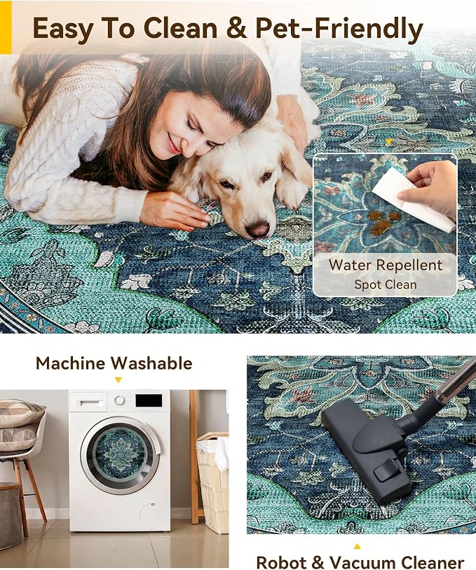 RELEANY Area Rugs 5ft Washable Non-Slip, Floral Vintage Distress Print Pattern - Image 4