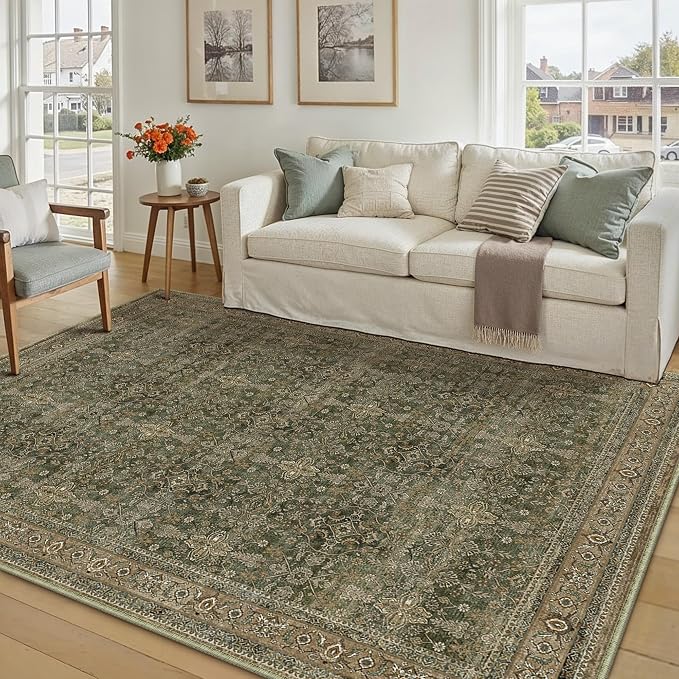 PureCozy Area Rug 5x7 Green Brown Washable Vintage Living Room Carpetb by PureCozy