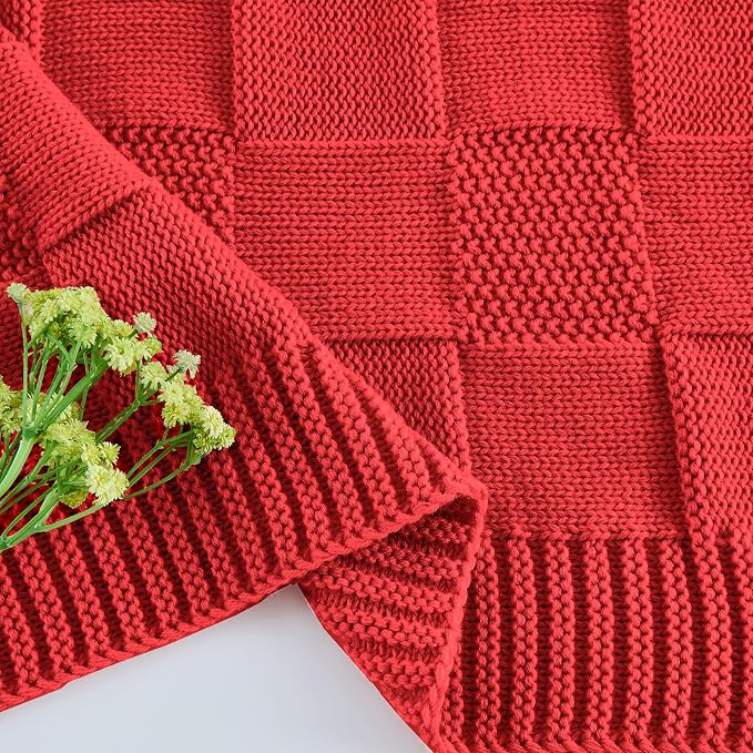 CozeCube Check Knit Throw Blanket, Christmas Red Checkered Bedroom Blanket - Image 9