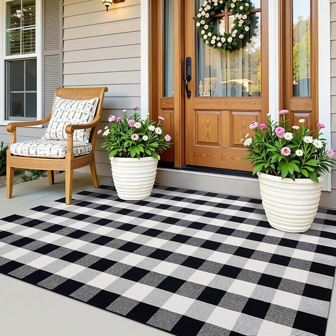 OLANLY Buffalo Plaid Rug 5' x 7' – Black and White Cotton Checkered Doormat - Image 7