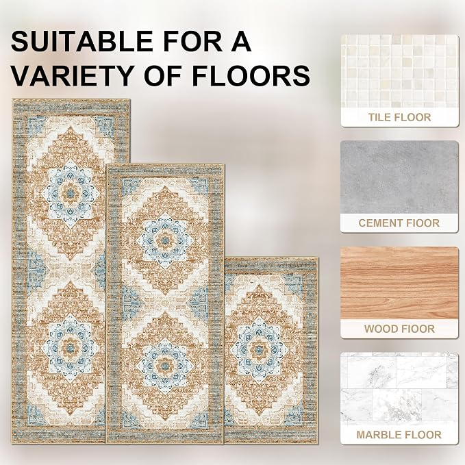 Tritard 100% Non Slip Kitchen Rugs Sets of 3 Washable Boho Kitchen Mats - Image 4