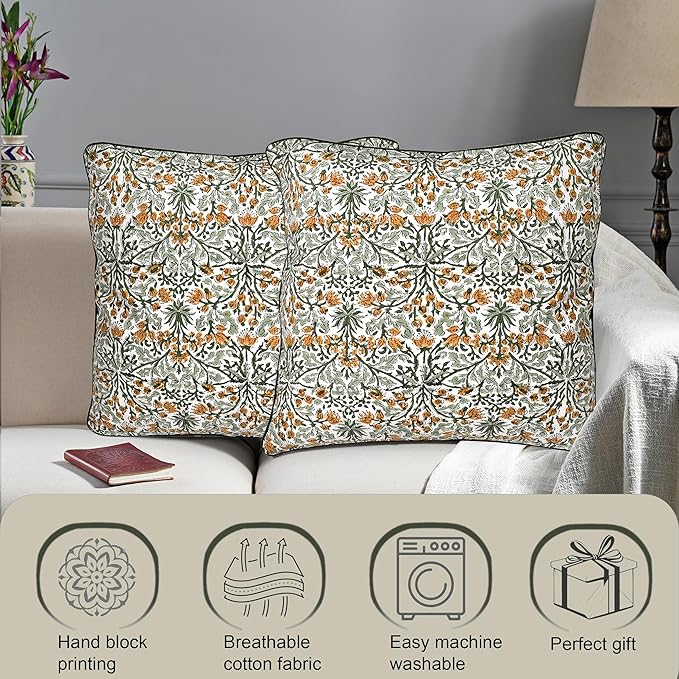 Ridhi Block Print Goldenrod Yellow Pillow Cover 18" x 18" Decorative Couch - Image 2