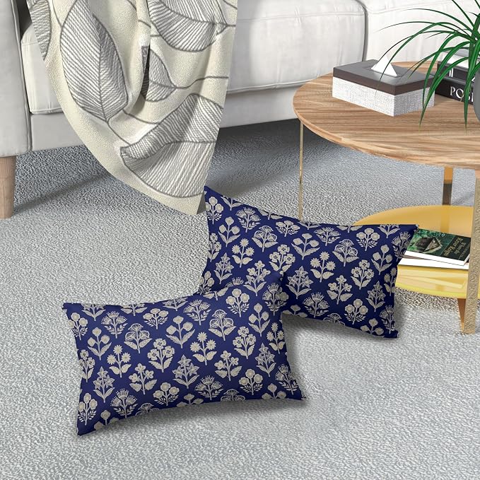 Navy Blue Pillow Covers 12x20 Inch Set of 2, Cream Floral Block Print Pattern - Image 7