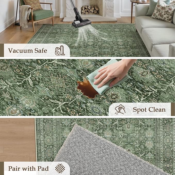 PureCozy Area Rug 5x7 Green Washable Living Room Carpet Soft Non Slip Vintage - Image 6
