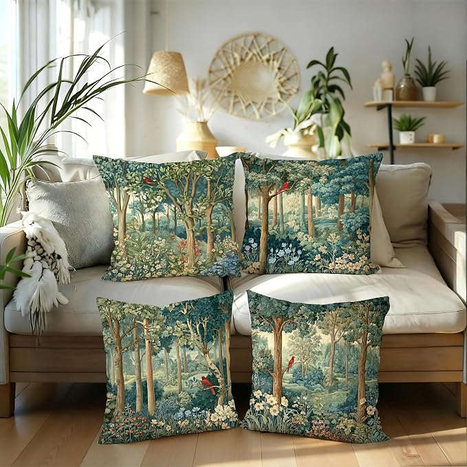 Rustic Spring Forest Green Pillow Covers 18x18 Set of 4, Cottagecore Forest - Image 5