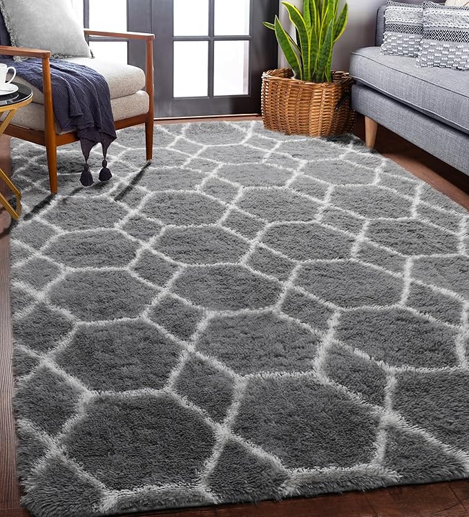 ONASAR Area Rugs for Bedroom Living Room, 4x6 Fluffy Grey and White Floor Rug - Image 4