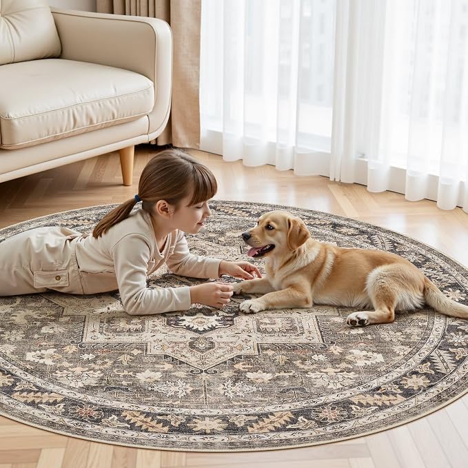 5ft Round Vintage Living Room Area Rug - Image 6