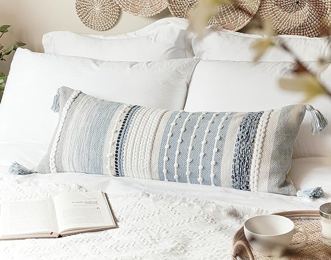 BlissBlush Coastal Blue Decorative Lumbar Pillow Cover 14x36 Boho Long Body - Image 4