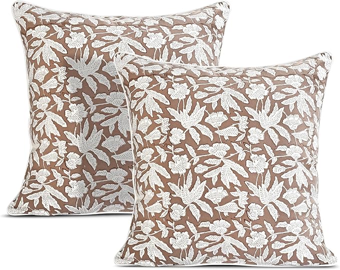 Ridhi Block Print Oak Brown Pillow Cover 20" x 20" Decorative Couch Pillows by Ridhi