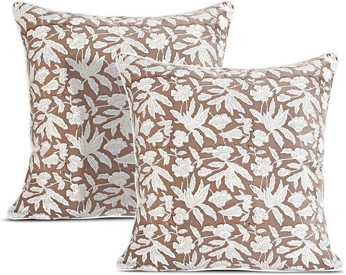 Ridhi Oak Brown Block Print Cotton Piping Throw Pillow Covers 16x16 Set of 2 by Ridhi