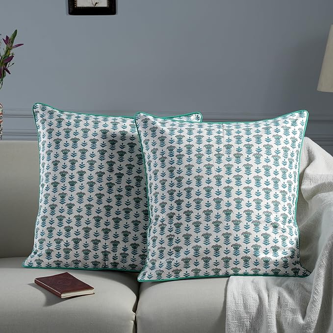 Ridhi Block Print Aquamarine Blue Pillow Cover 18" x 18" Decorative Couch - Image 2