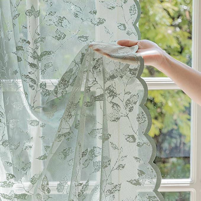 Rinwoc Sage Green Lace Semi-Sheer Valance Curtains 2 Panels – Vintage Leaf Lace - Image 8