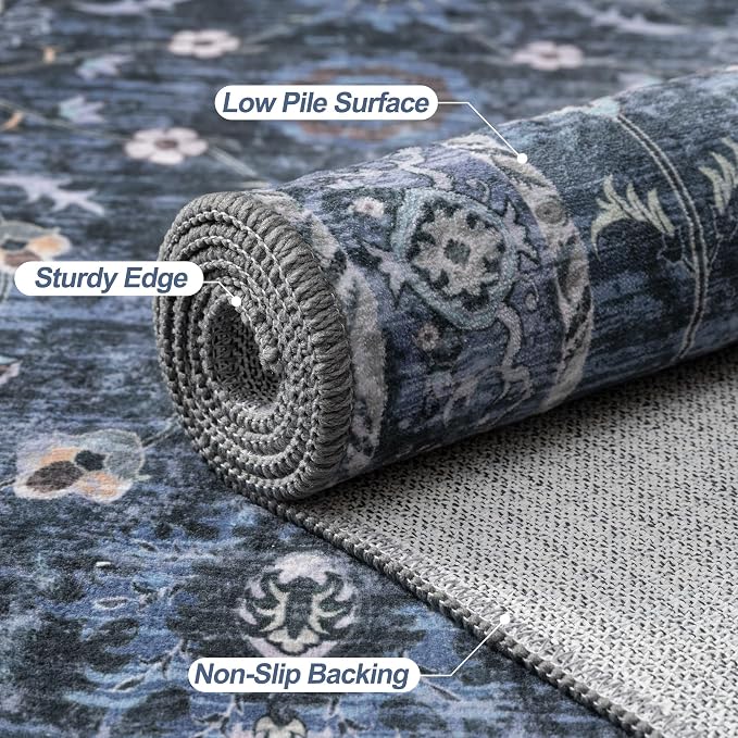 Tangsoo 5x8 Blue Area Rug, Washable Vintage Floral Large Rug Non Slip, Low Pile - Image 5