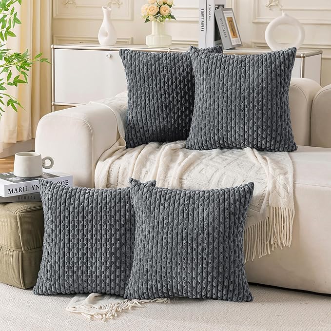 Set of 4 Medium Grey Taupe Decorative Throw Pillow Covers 26x26 Inch Corduroy by Cozoomy