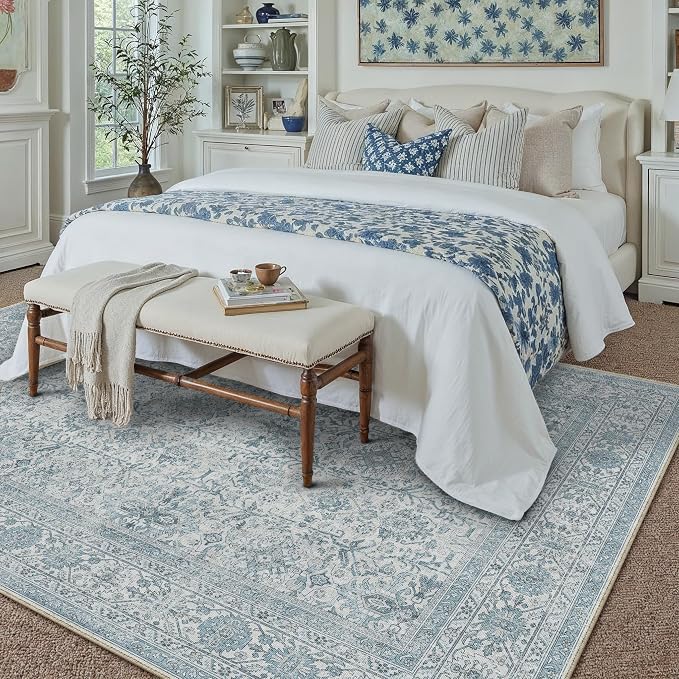 PureCozy Area Rug 6x9 Blue Washable Living Room Carpet Soft Non Slip Vintage - Image 6