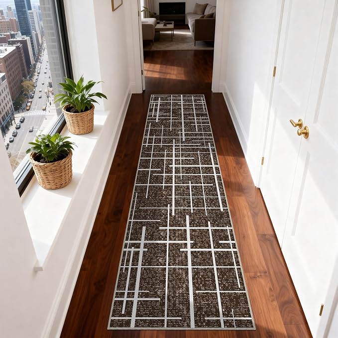 Non Slip Hallway Runner Rug 2x8, Modern Distressed Stripe, Washable Long Rug - Image 2