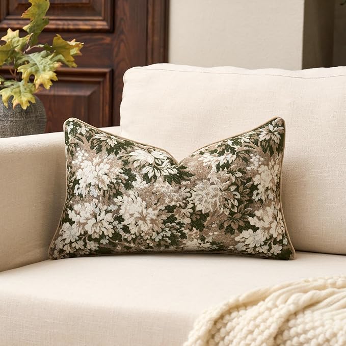 Yangest Neutral Floral Pillow Cover 12 x 20 Inches, Vintage Chenille Rectangle by Yangest