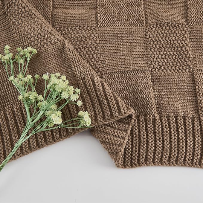 CozeCube Check Knit Throw Blanket, Light Brown Checkered Throw - Image 9