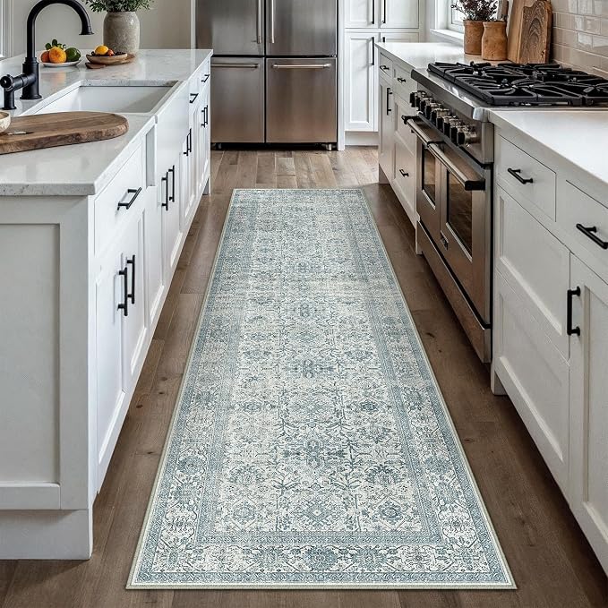 PureCozy Blue Runner Rug 2x8 Hallway Washable Carpet Soft Vintage Indoor by PureCozy