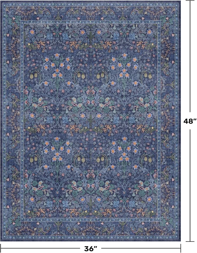 Vintage Dark Blue 3x4 Entryway Rug, Washable Small Area Rugs - Image 2