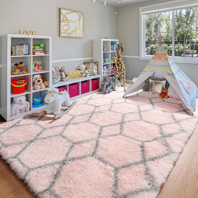 ONASAR Rugs for Living Room Bedroom, 5x8 Fluffy Pink and Grey Area Rug - Image 5
