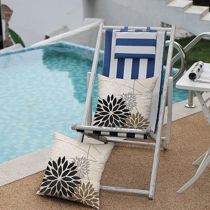 Black Brown Outdoor Pillow Covers 20x20 Inch Set of 2 White Gray Flower Throw - Image 4