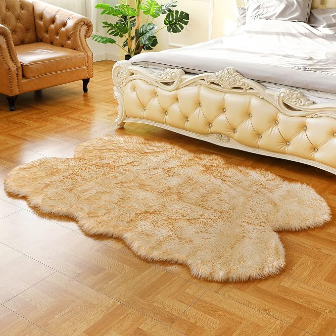 Fluffy Faux Fur Rug White Yellow Sheepskin Area Rug, 4x6 Ft Ultra Soft Shaggy - Image 9