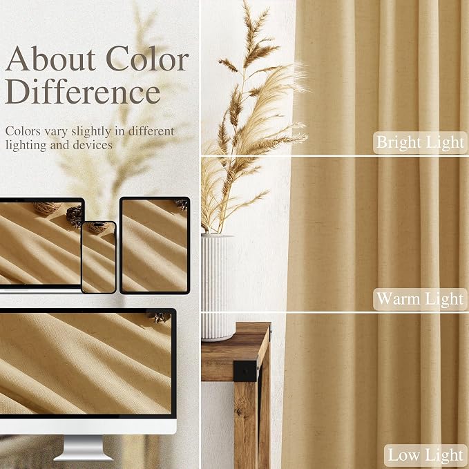 Nanspring Gold Yellow Linen Curtains 96 Inches Long 2 Panels Set - Image 3