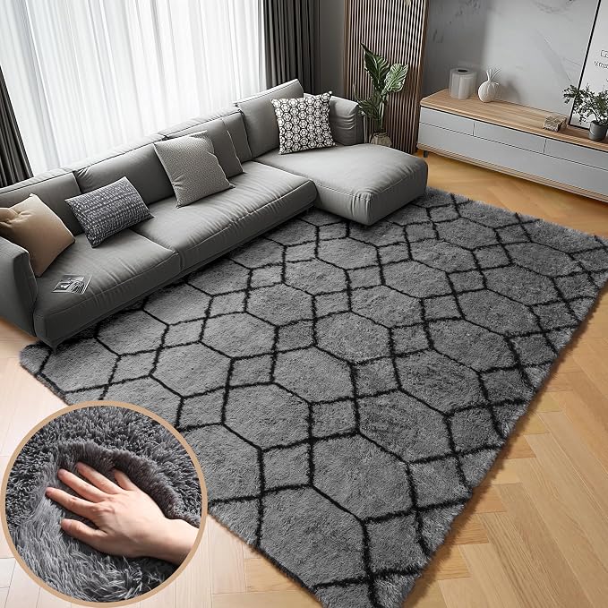 ONASAR Rugs for Living Room, Fluffy Soft 5x8 Grey and Black Geometric Area Rug by ONASAR