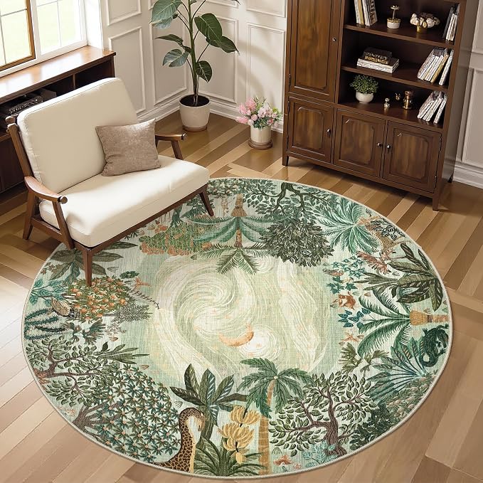 GarveeHome Round Area Rugs 8ft for Living Room, Large Green Jungle Washable - Image 3
