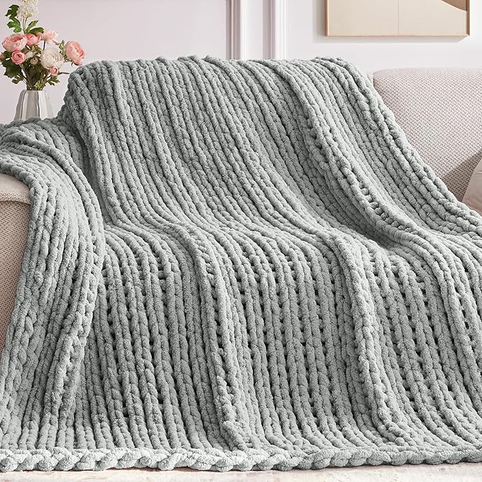 Negwoo Chunky Knit Throw Blanket, Handmade Light Grey Crochet Big Thick Blanket by Unknown