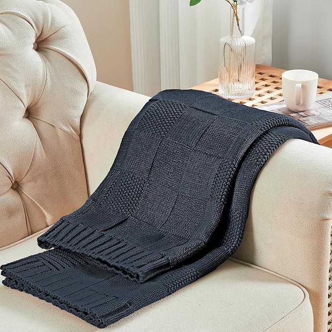CozeCube Check Knit Throw Blanket, Midnight Navy Checkered Throw - Image 4