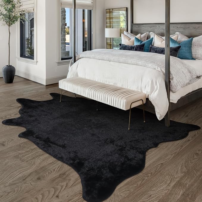Faux Fur Black Cowhide Rug: Fluffy Cow Hide Cow Print Rug by WARMHAVEN