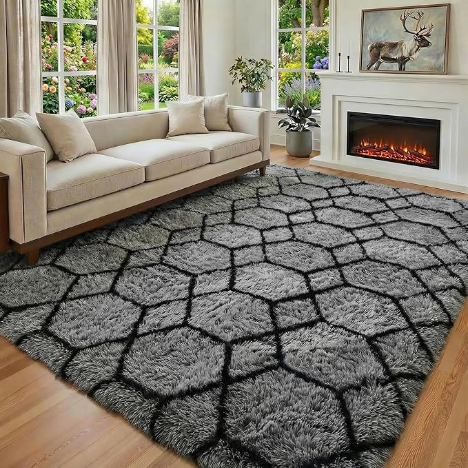 ONASAR 6x9 Area Rugs for Living Room Bedroom, Large Fluffy Grey and Black Throw by ONASAR