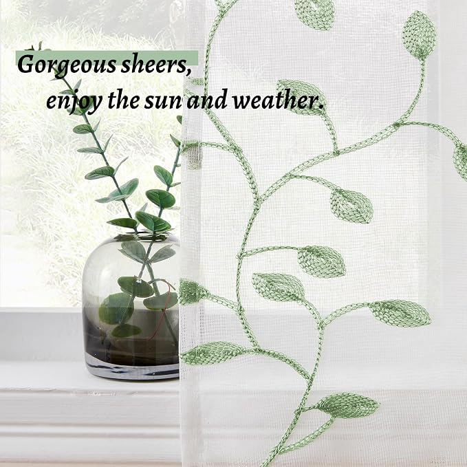 MRTREES Sheer Voile Curtain Valances 2 Panels, Sage Green Leaves Embroidered - Image 4