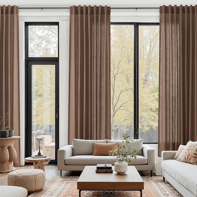 Caramel Brown Linen Curtains for Living Room 95 Inches Long Back Tab and Rod - Image 6