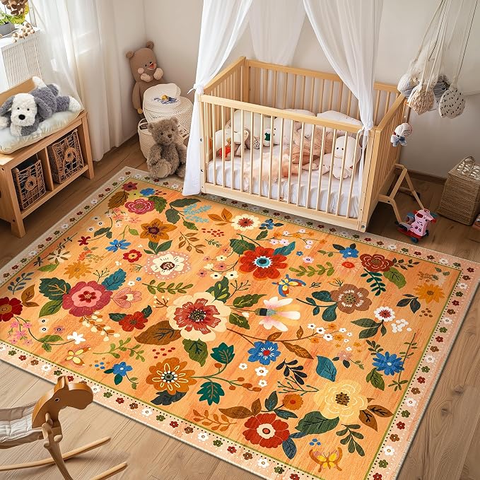 RELEANY Floral Nursery 8x10 Area Rugs Washable Print Boho Cute Carpet Non Slip - Image 8