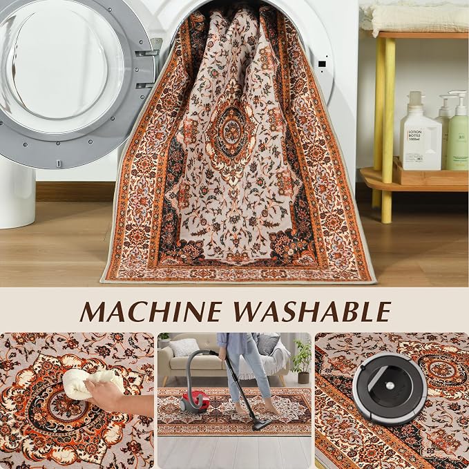 Runner Rug for Bedroom, 2x6Ft Machine Washable Area Rugs, Vintage Non-Slip Low - Image 3