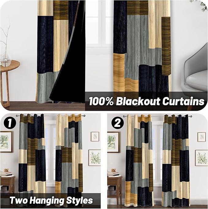 Tyrot Wood Print Retro 100% Blackout Curtains - Image 2