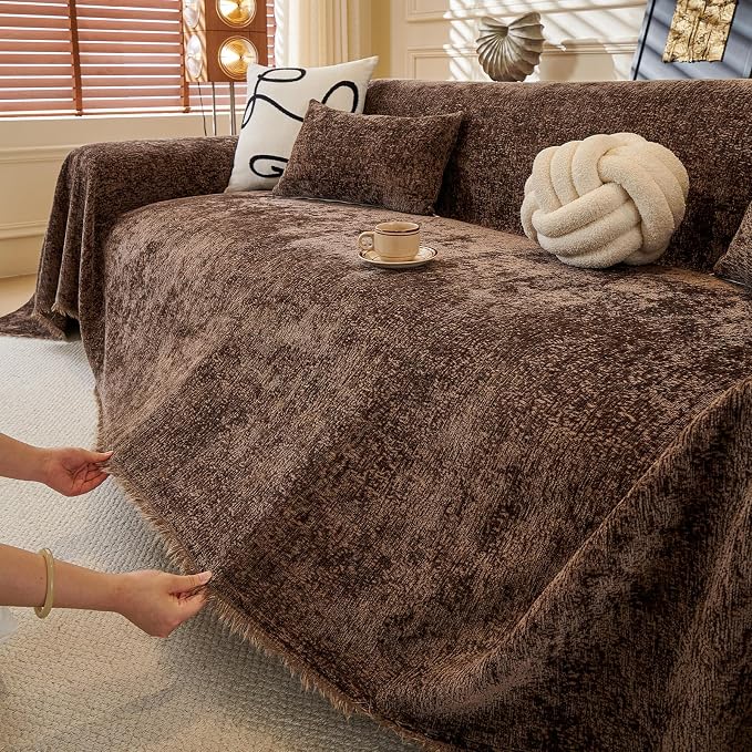 ROOMLIFE Couch Cover with Tassel Brown Chenille Sofa Cover Blanket - Image 9