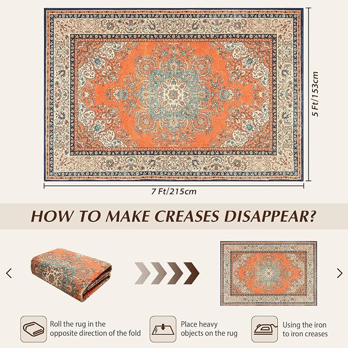 Area Rug for Bedroom, Non-Slip Orange Area Rug, Machine Washable 5x7Ft Vintage - Image 2