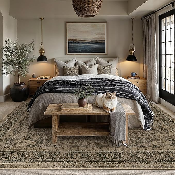 PureCozy 9x12 Washable Area Rug Brown Vintage Distressed Large Rug - Image 4
