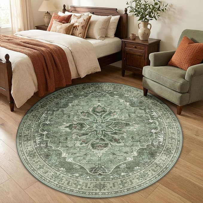 RELEANY Area Rugs 5ft Washable Non-Slip, Floral Vintage Distress Print Pattern by RELEANY